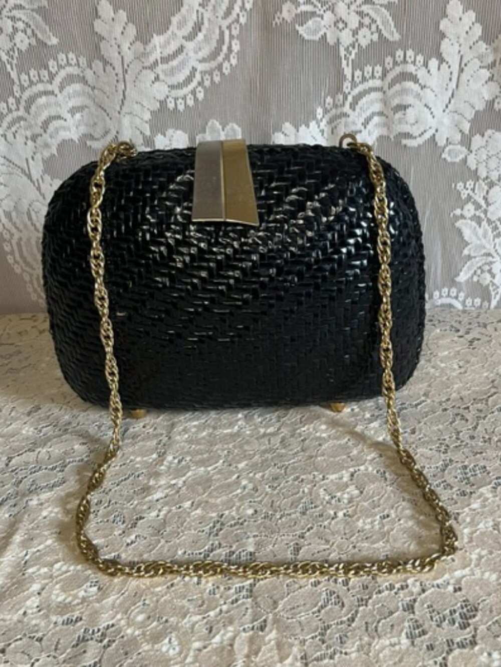 VTG Made in Italy Black Lacquered Wicker Shoulder Bag w/Leather Lining